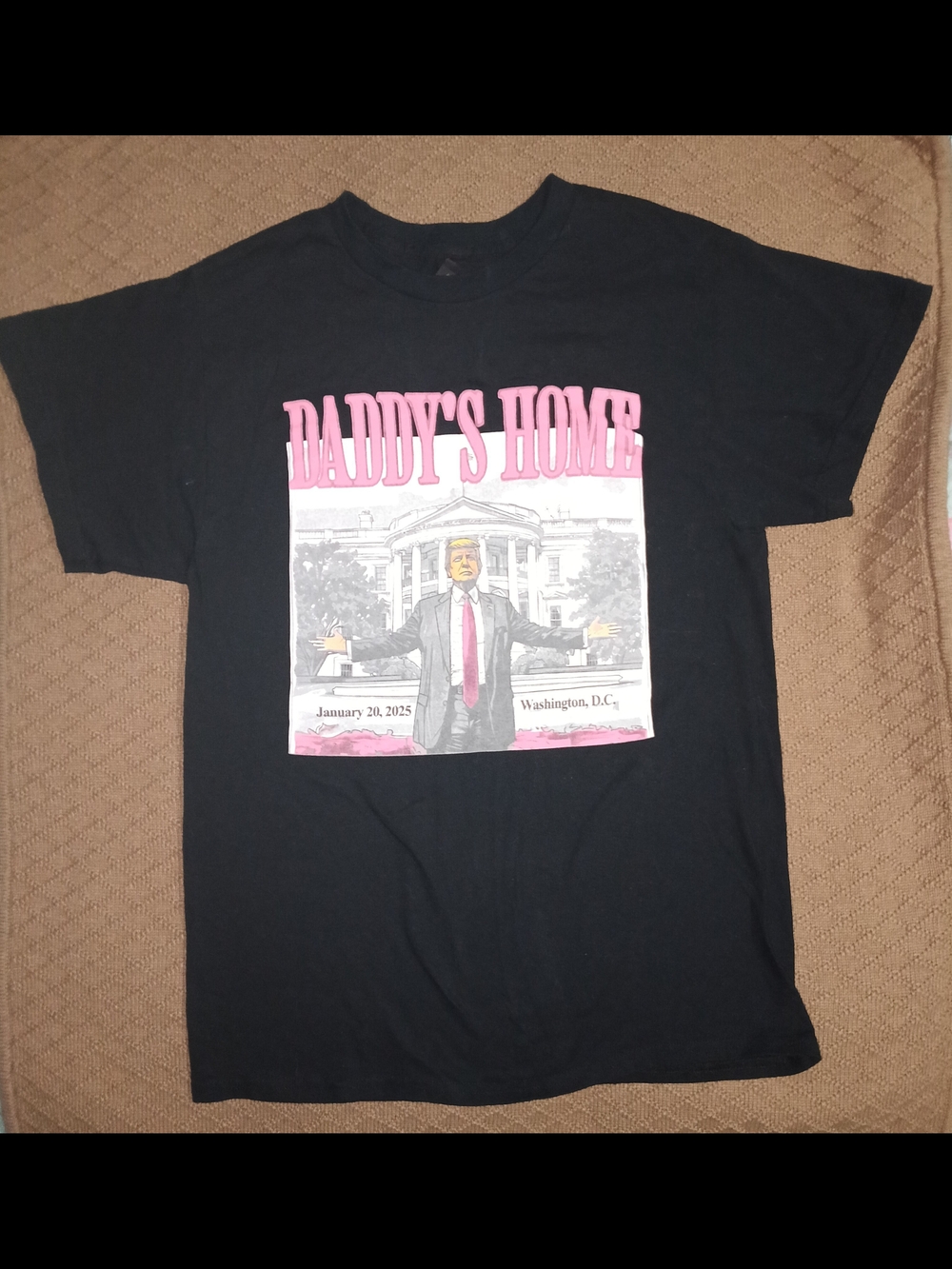 Graphic Black Tee with Pink 'Daddy's Home' Print Trump Shirt